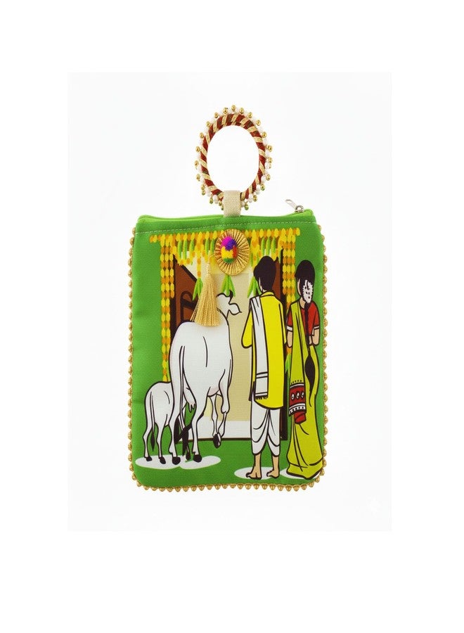 TAVASYA Traditional Potli Gift Bags with Zip & Bangle Handle - Pack of 5 - Housewarming Design | Return Gift Bags for Weddings, Pooja, Baby Shower, Housewarming, Festivals & Functions - Image 4